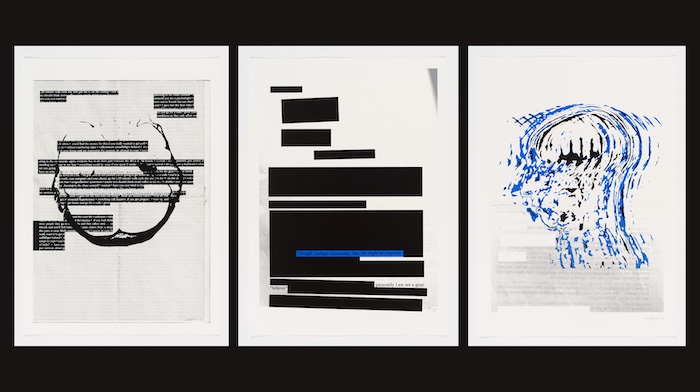 Three monotypes on a black background featuring heavily redacted and obscured medical letters at times overlayed with abstracted medical imagery.